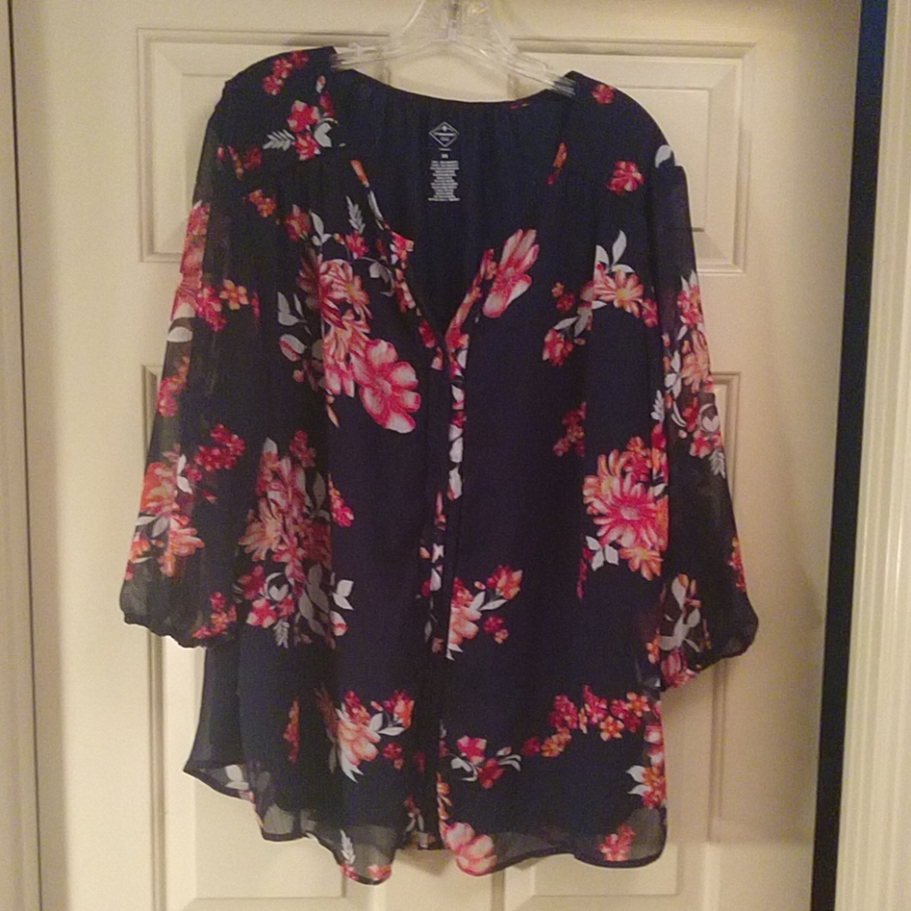 St. John's Bay Navy/Pink Floral Blouse 3x